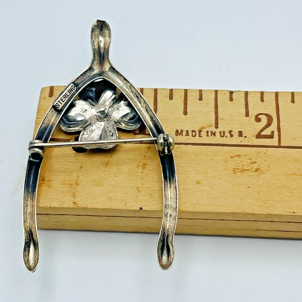 Vintage Sterling Silver Wishbone Brooch 4 Leaf Clover Repousse Pin Good Luck - Picture 7 of 8